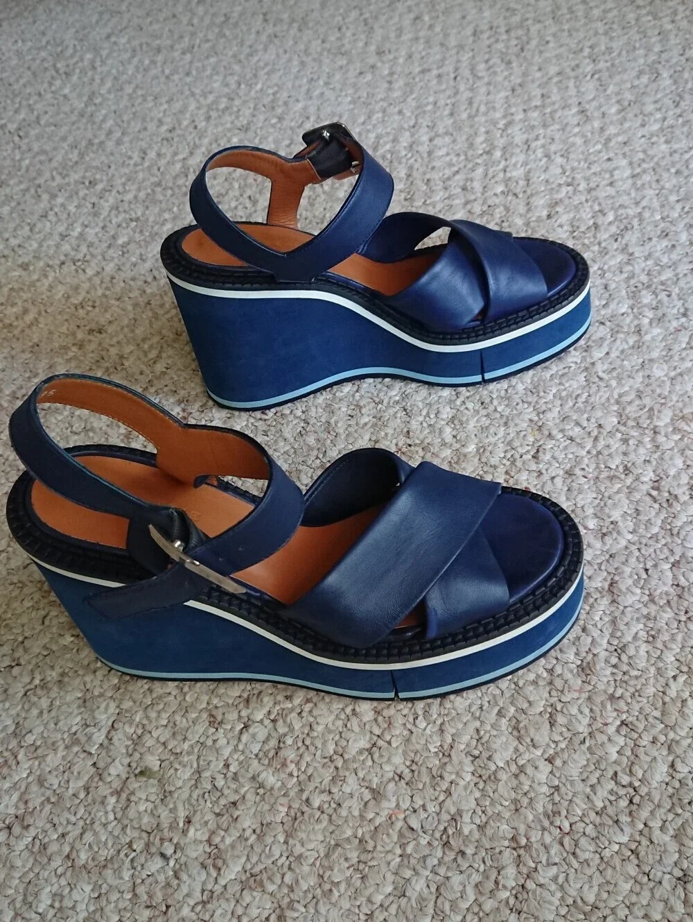 Robert Clergerie Noemie Navy Blue Platform Wedge Heeled Sandals size 8